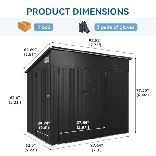 194 cu.ft Shed 7.3x5.3 Ft Premium Galvanized Steel Storage Sheds with Triple Doors Weatherproof Outdoor Utility Sheds, Dual Lock Lean to Shed for Mower, Bike, Generator, Garden Tools (Black)