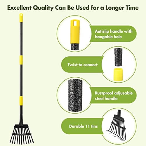 Garden Rake for Leaves Sturdy Metal Small Yard Leaf Rakes for Lawns 60” Length 8.5 Inch Width 11 Tines for Women Men Kids Lightweight with Non-Slip Comfortable Smooth Long Handle