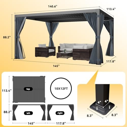 Louvered Pergola 10x12ft, Adjustable Aluminum Pergola with Waterproof Curtains and Nets, Sun & Rain Shade for Patio, Modern DIY Outdoor Living Upgrade, Dark Grey