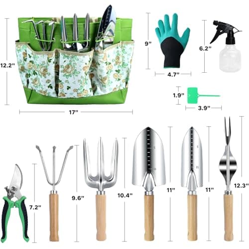 10-Piece Gardening Tool Set with Heavy Duty Rust-Resistant Hand Tools, Durable Floral Organizer Tote Bag, and Gardening Gloves – Perfect Gardening Gifts for Women and Beginners