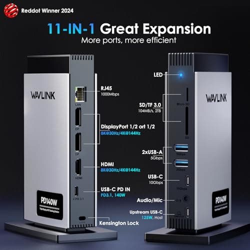 WAVLINK Laptop Docking Station 3 Monitors, 11 in 1 USB C Docking Station with PD3.1 140W Charging, 8K HDMI + Dual 8K Displayport, 5 USB-C/USB-A, SD/TF Slot, Audio/Mic, RJ45 Ethernet for M1/M2/M3/M4