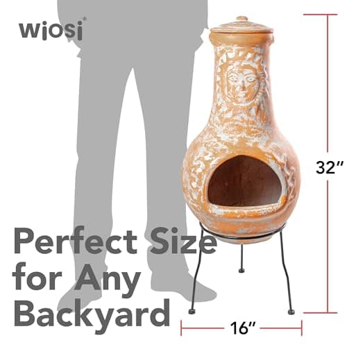 Wiosi Medium Chiminea Outdoor Fireplace Clay Chimineas with Chimney Rain Lids and Solid Metal Stands - Yellow Terracotta Chimenea - Rustic Fire Pit Chimnea 16 x 16 x 32-inch