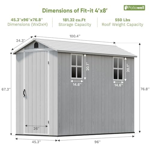 Patiowell 4' x 8' Outdoor Storage Shed with Floor, Plastic Shed Outside Resin Tool Shed with Two Windows and Lockable Door for Backyard Garden Patio Lawn, White (Fit-it Shed)