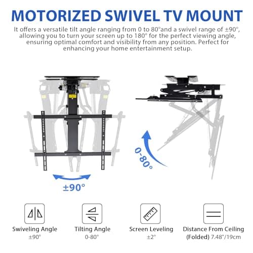 TOPSKY Electric Adjustable Flip Down Swiveling TV Mount with Remote and App Controller, Large Motorized Ceiling Mount for 32 to 75 Inch Flat and Curved Screen TVs (Black)