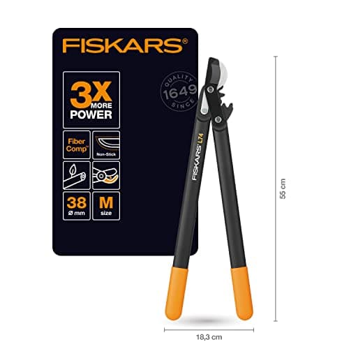 Fiskars PowerGear Lopper Bypass, Hook Head (M) L74, Hook Head, Non-stick coating, Cutting Diameter : 3.8 cm, Hardened steel, Length: 55 cm, Black/Orange, 1000582