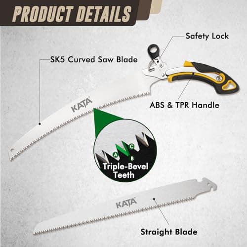KATA 13.7 Inch Hand Pruning Saw Set, SK5 Curved and Straight Saw Blade in Oxford Safety Sheath, Survial Camping Hand Saw for Tree Trimming, Gardening, Wood Cutting