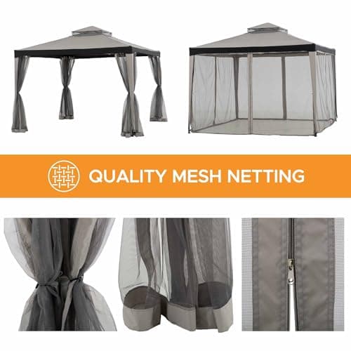 Sunjoy 10 x 10 ft. Soft Top Gazebo, Outdoor Patio Backyard Modern Grey 2-Tier Steel Frame Gazebo with Mesh Netting