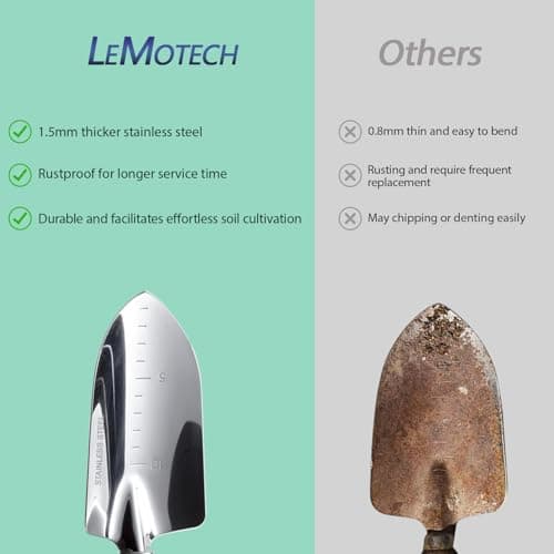 LeMotech Garden Tool Set, 3Pcs Stainless Steel Heavy Duty Gardening Kit Including Trowel Transplanter Cultivator Gardening Hand Tools with Handle, Planting Tool for Women Men