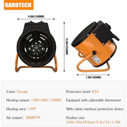 Gardtech Greenhouse Heater with Digital Thermostat, 1500W Portable Outdoor Heater with Overheat Protection, Grow Tent Heaters [Stronger air volume] Fast Heating for Patio, Garage, Flower House(Orange)