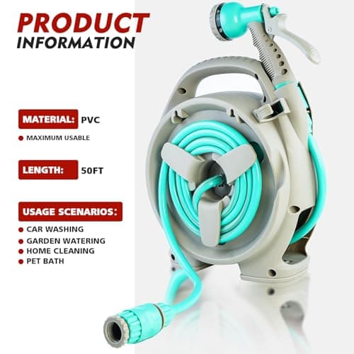 50FT Retractable Garden Hose Reel, Lightweight & Portable Hose Reel with 6 Patterns Spray Nozzle, Suitable for US Standard Hose Connection, Great for Patio Watering