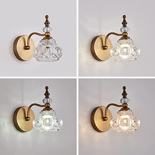 Vintage Wall Sconces, 1-Light Wall Lighting with Crystal Glass Shade, Matte Brushed Antique Brass Finish, Crystal Wall Light, Wall Lamp for Bathroom, Bedroom,Hallway(G9 Base)