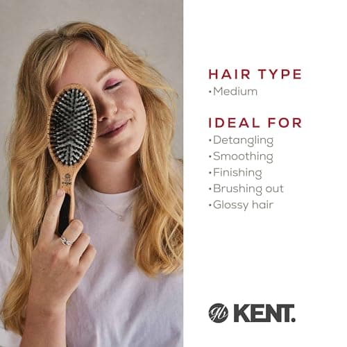 KENT PF01 Large Cushion Detangler Brush, Boar Bristle and Non-Scratch Nylon Mix Hairbrush for Straightening Smoothing. Oval Wood Paddle Detangling Hair Brush for Medium to Long Hair, Made in England