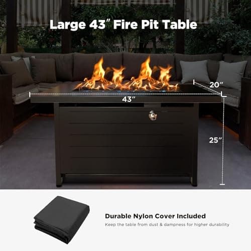 Ciays 43″ Propane Fire Pit with Glass Beads & Lid, 60,000 BTU CSA-Certified Gas Fire Pit with Cup Holders, Hanging Shelf & Nylon Cover, Large Fire Pit Table for Patio/Porch/Deck, Black