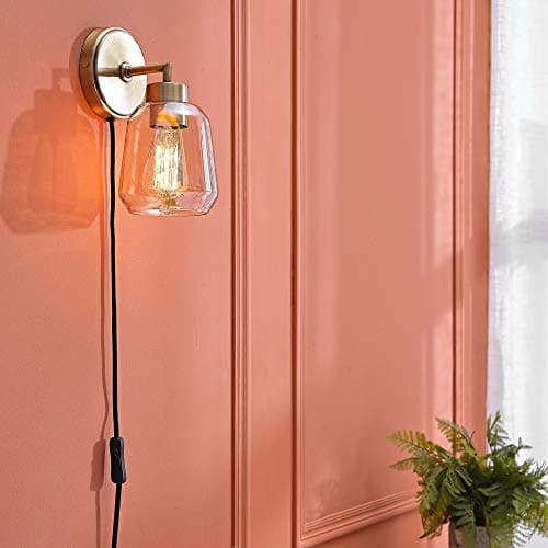 GLOBE Electric 51715 1-Light Plug-in or Hardwire Wall Sconce, Matte Brass, Smoked Amber Glass Shade, Black Fabric Cord, in-Line On/Off Switch, Bedroom, Living Room, Mounted Bedside Lamp