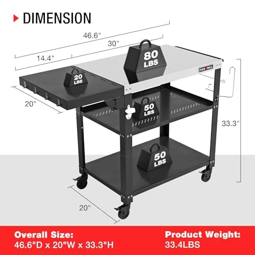 46.6" L x 20" W Three-Shelf Outdoor Grill Table, 4 Swivel Casters with Brake, Movable Outdoor Prep Table with Foldable Side Table, Stainless Steel Pizza Oven Table, BBQ Grilling Table