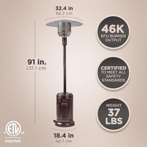Amazon Basics 46,000 BTU Outdoor Propane Patio Heater with Wheels, Commercial & Residential, Havana Bronze, with Water Tank, 32.1 x 32.1 x 91.3 inches (LxWxH)