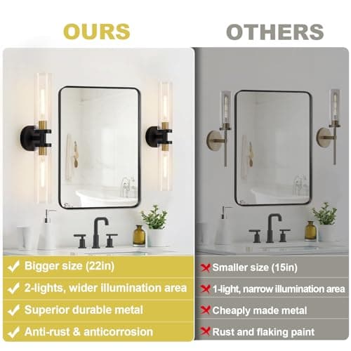 Wall Sconces Set of Two, Black and Gold Bathroom Sconces Wall Lighting with Clear Glass, Modern Sconces Wall Decor Set of 2 Wall Light fixtures for Bathroom Mirror Living Room Hallway Bedroom