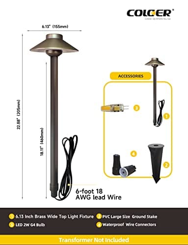 COLOER Brass Low Voltage Outdoor Path Lights 4-Pack with 2W LED G4 Bulb,12V Waterproof China Hat Pathway Lighting for Yard, Patio, Landscape, Planter, Walkway(602B)
