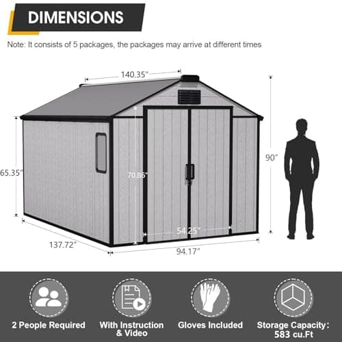 8 x 12 FT Resin Outdoor Storage Shed, All-Weather Plastic Garden Shed with Floor, Lockable Doors & Windows, Plastic Tool Shed for Poolside, Backyard, Patio