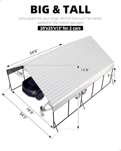 20'x25'x13' Metal Carport for 2 Cars, Extra Tall Carport, Reinforced Frame and Roof for All-Weather, Permanent Garage for Bass Boats, Full-Sized Pickup Trucks, and Tractors, N.W. 900 Lbs