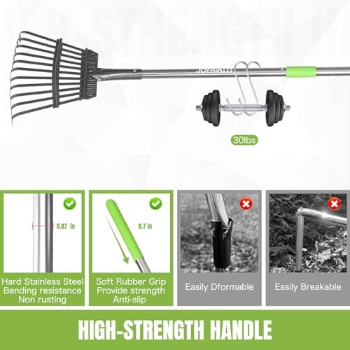 Joyhalo Small Leaf Rake, 8.5 Inch Wide Head with 11 Tines, Metal Garden Rake with Adjustable Handle 38.5 to 65 Inch for Gardening, Leaves, Weeds, Debris
