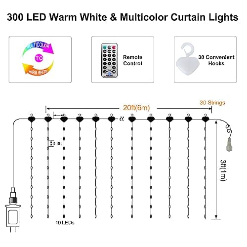 ZAIYW Curtain Lights Outdoor 20Ft×3Ft, 300 LED Color Changing Fence String Lights with Plug Remote, Waterproof Light Curtain for Stair Railing Eaves Decor (Warm White & Multicolor)