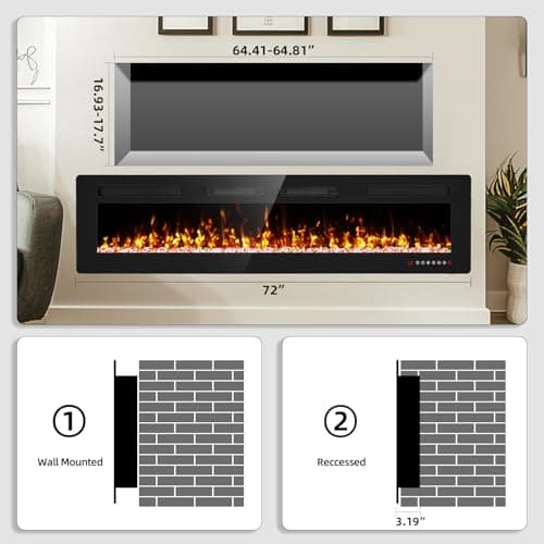 72” Recessed and Wall Mounted Fire Places Electric Fireplace Ultra Thin with Remote Control, Toucn Screen