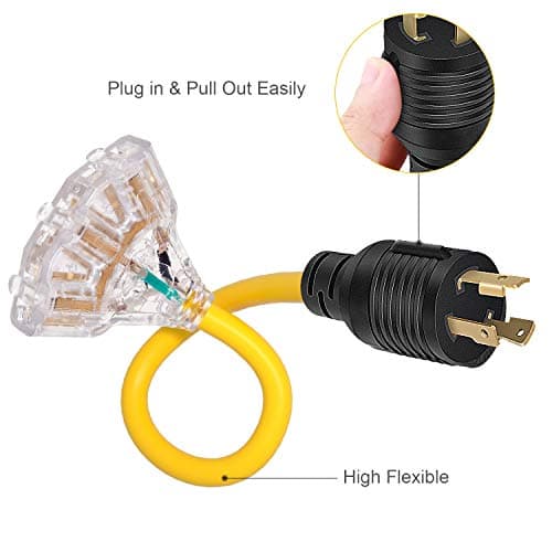 30 Amp to 110 Adapter Generator Power Cord, 3 Prong 30 Amp to 15 Amp Generator Adapter, Nema L5-30P Male to 3X 5-20R Female with Lighted End, 1.5 FT