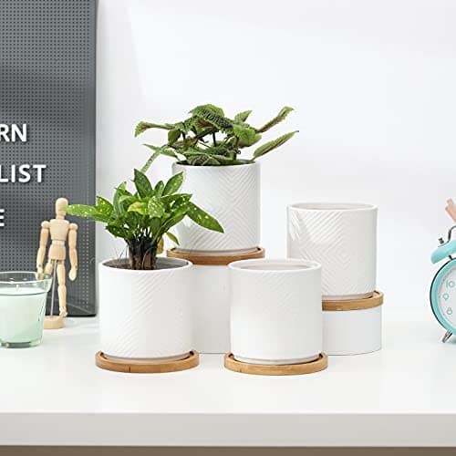 AOMRYOM 4 Inch Ceramic Plant Pots with Drainage Hole and Saucer, Modern Small Indoor Outdoor Flower Planter for Succulent, Cactus and Herbs, Geometric Patterns, White, Set of 4 (Plant Not Included)