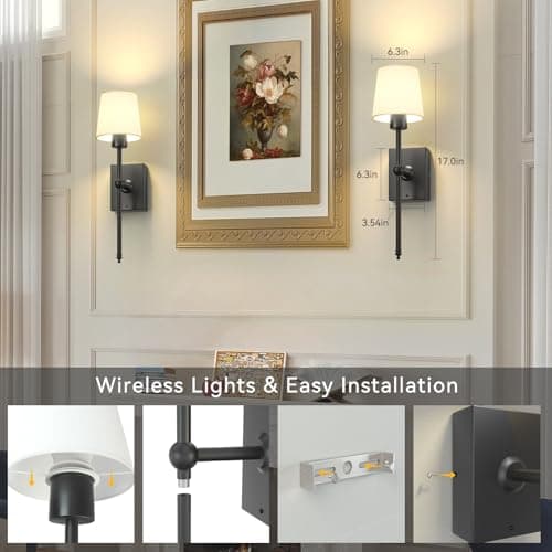 iThird Battery Operated Wall Sconces Set of 2: Black Rechargeable Wall Lights with 6000mAh Detachable Battery and Remote,4CCT Dimmable Wireless Sconce Lamp for Bedroom Living Room Hallway Bathroom
