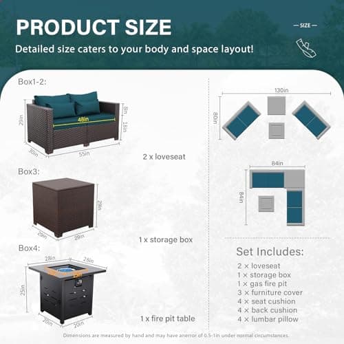Outdoor Furniture Set 4 Piece Patio Furniture Set Patio Loveseat 50000 BTU Propane Fire Pit Storage Box with Non-Slip Cushions and Waterproof Covers, Peacock Blue