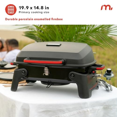 820-0065C 1 Burner Portable Gas Grill for Camping, Outdoor Cooking , Outdoor Kitchen, Patio, Garden, Barbecue with Two Foldable legs, Red + Black