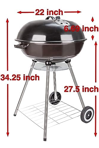 22 Inch Portable Charcoal Grill with Wheels for Outdoor Cooking Barbecue Camping BBQ Coal Kettle Grill - Heavy Duty Round with Thickened Grilling Bowl Wheels for Small Patio Backyard