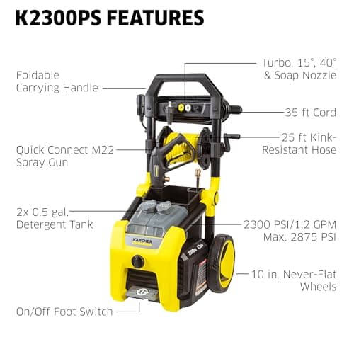 Kärcher Pressure Washer K2300PS, Max 2875 PSI, 4 Spray Nozzles, Detergent Tank, Hose Reel, For Cars, Driveways, Siding, Patios, 2.07 max. GPM