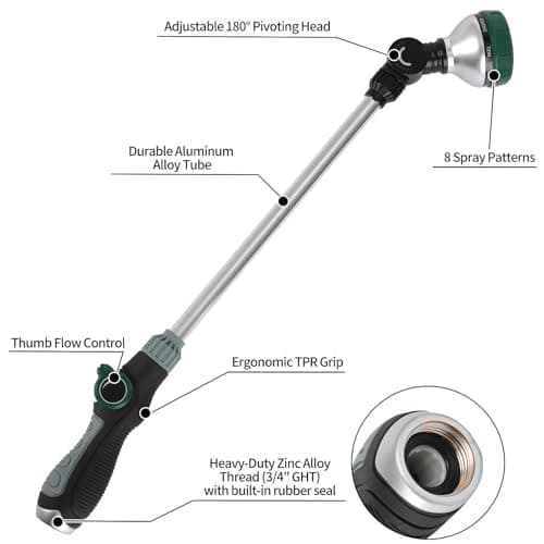 Watering Wand for Garden Hose, 24 Inch, 8 Spray Patterns, Garden Hose Nozzle with Thumb Flow Control, Adjustable Water Sprayer with Pivoting Head, Ideal for Hanging Baskets and Shrubs