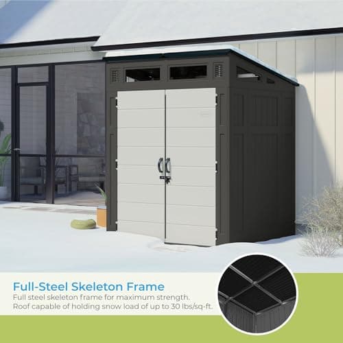 Suncast 6' x 5' Modernist Storage Shed for Yard Storage, All-Weather Outdoor Storage Shed with 2 Lockable Doors and Windows, Peppercorn, Made in The USA