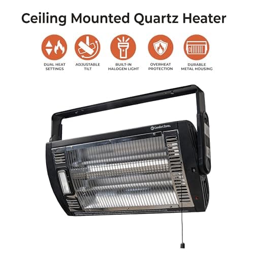Comfort Zone Ceiling Mounted Space Heater, 90 Degree Adjustable Tilt, Dual Quartz, Radiant, Electric, Safety Grille, Overheat Protection, Hardware Included, Ideal for Workshop, Garage, 1,500W, CZQTV5M