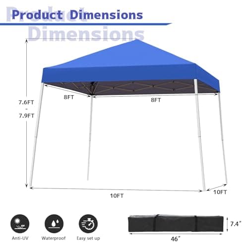 Canopy Tent, 10X10 FT Pop Up Canopy Outdoor Instant Tent Slant Legs with Carrying Bag, Portable Gazebo Shelter for Patio Deck Garden and Beach - 8X8 FT Canopy Cover (Blue)