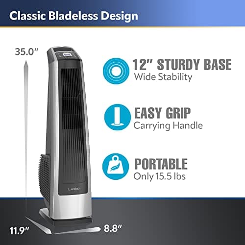 Lasko Oscillating High Velocity Tower Fan, Remote Control, Timer, 3 Powerful Speeds, for Garage, Basement and Gym, 35" Silver and Black, U35115, Large