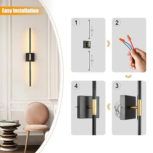 Wall Sconces Set of 2, Modern Hardwired Sconces Wall Decor, 24 Inch Dimmable Sconces Wall Lighting, Black Gold Wall Light Fixtures, 3000K LED Wall Lights for Bedroom, Living Room, Bathroom