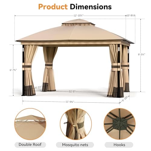 Patio Gazebo 11'x13' with LED Lights & Bluetooth Speaker, Heavy Duty Outdoor Canopy Shelter with Metal Frame, Double Roofs, Soft-top Gazebo with Netting and Curtains for Backyard