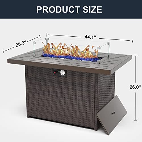44 Inch Propane Gas Fire Pits Table for Outside Patio, 60000 BTU Rectangular Outdoor Wicker Rattan Fire Pit with Glass Wind Guard