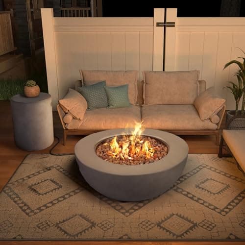 31.5 Inch Outdoor Propane Fire Pit Table 2-Piece 50,000 BTU Gas Fire Pit Concrete Round Burner Tank Cover Fire Coffee Table with Lid for Garden,Deck-31.5" Grey
