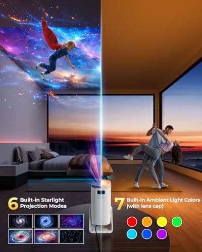 [Built-in Apps & Star Modes & Ambient Light] OPOQO 4K Mini Projector with WiFi and Bluetooth, Full HD 1080P Supported, 270° Portable Outdoor Movie Projector for TV Stick/Smartphone/HDMI/USB