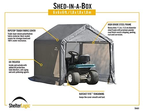 ShelterLogic 6' x 6' Shed-in-a-Box All Season Steel Metal Peak Roof Outdoor Storage Shed with Waterproof Cover and Heavy Duty Reusable Auger Anchors, Grey
