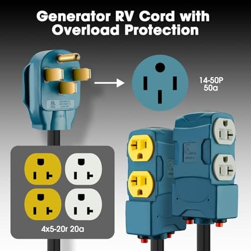 50 Amp to 20 Amp 110V RV Distribution Adapter with Circuit Breaker,NEMA 14-50P to 4 X 5-20R/15R RV 4 Prong to Mutiple Household Outlet RV Generator Adapter Cord ETL Listed (10FT)