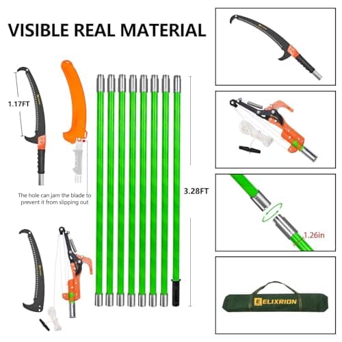 7-27 Feet Extendable Pole Saw for Tree Trimming – Manual Branch Trimmer with Long Handle, Storage Bag, and Green Design – Perfect for Pruning and Cutting High Branches.