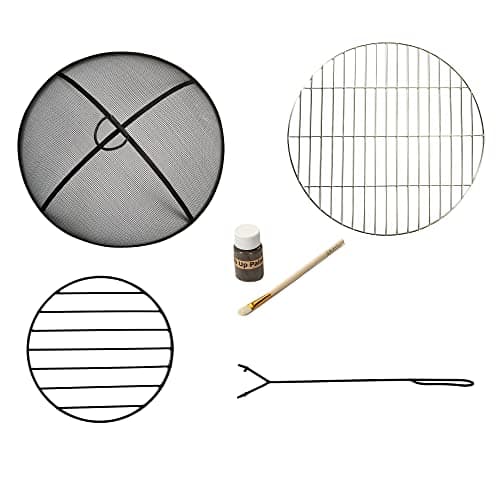 Teamson Home Round Steel Outdoor Fire Pit Outside Wood Burning Firepit Bonfire with Spark Screen, Firebowl, Poker, Stainless Steel Rack, Charcoal Grill for Patio Garden Backyard BBQ, 24 Inch, Gray