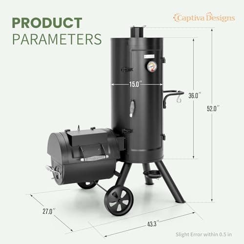 Captiva Designs Charcoal Vertical Smoker Grill and Offset Smoker Grill Combo, Extra Large Outdoor Barrel BBQ Meat Smoker Grill with 5 Removable Smoking Grates & Built-in Hooks for Various Meat Foods
