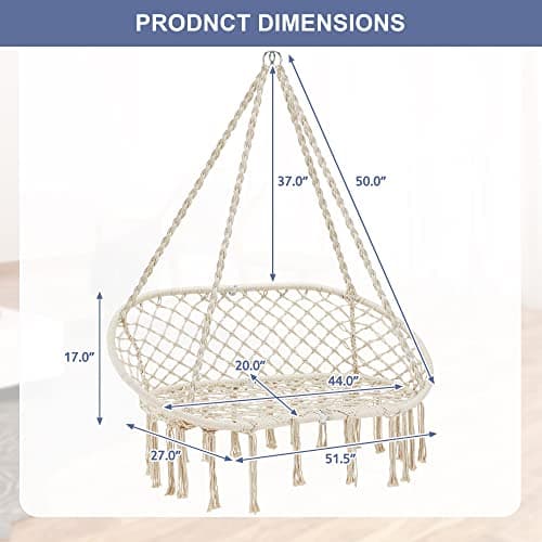 Hammock Chair Macrame Hanging Swing with Cushion,Hanging Cotton Ropes, Metal Frame, 450 lbs Capacity Indoor Outdoor, Patio, Balcony, Living,Deck, Yard, Garden(Double Swing) Beige